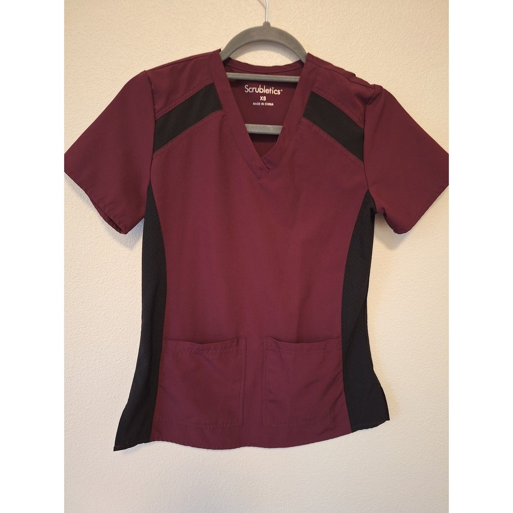Scrubletics Womens XS V-Neck Scrub Top Burgundy Maroon Black Mesh Side Panels